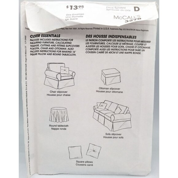 McCalls Pattern 3278 Home Decorating Furniture Slipcover Square Pillows Uncut - Picture 2 of 2